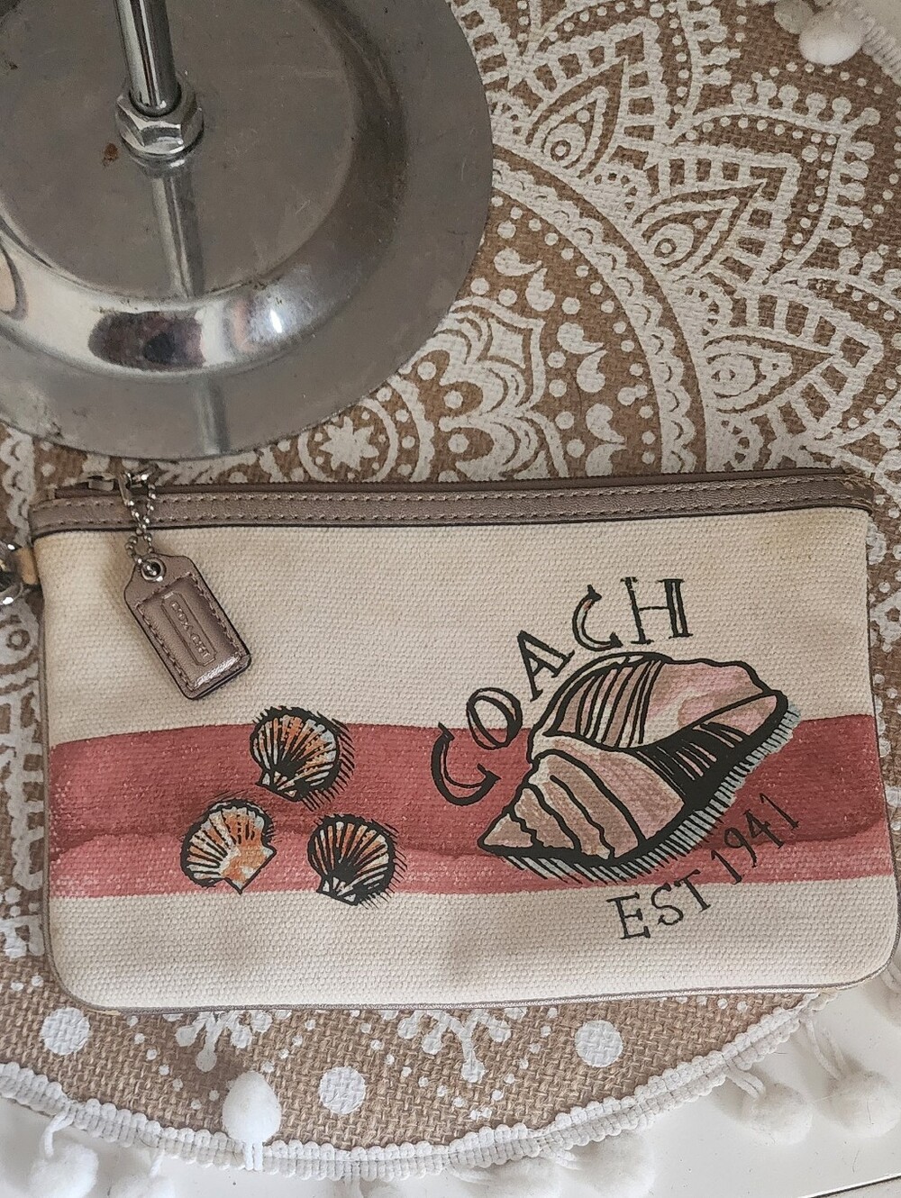 Coach Canvas Wristlet in Beige with Coral Stripe and Shell Motif Vintage